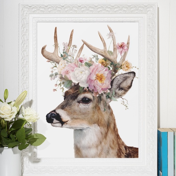 Watercolor Deer with Flower Wreath Illustration Wall Art Print Poster, Unframed - Picture 6 of 6